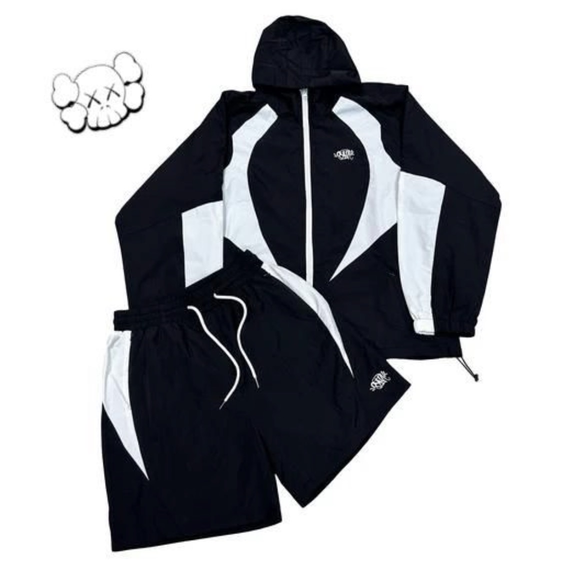 Men’s Black & White Sport Tracksuit Set (Hooded Jacket & Shorts)